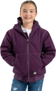 Plum youth insulated duck jacket worn by a model, front view