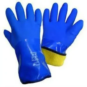 Blue insulated PVC work gloves with long cuffs, pair view