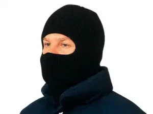 Black insulated full-face hood worn by a model, showing eye opening and neck coverage
