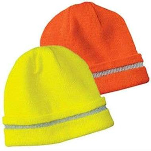 Lime-yellow and orange knit caps with reflective stripes around the folded cuffs