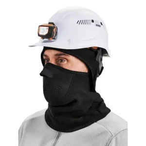 Black fleece and neoprene balaclava worn beneath a hard hat