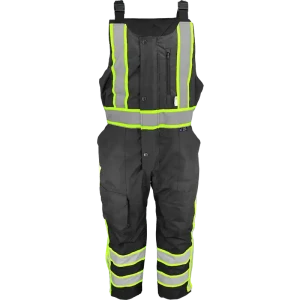 Front view of black insulated winter bib overalls with yellow-green trim and reflective tape