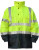 Lime and black cooler parka, front view with storm flap closed