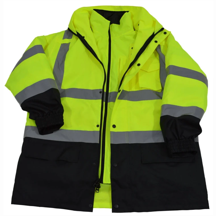 Lime and black Class 3 cooler parka with reflective stripes, front open