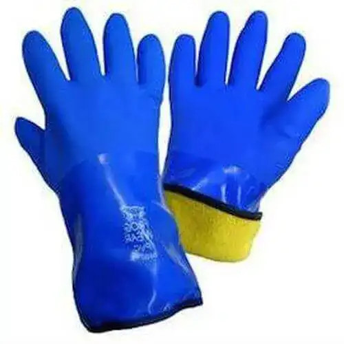 Blue insulated PVC work gloves with long cuffs, pair view