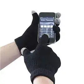 S50HF black knit touchscreen gloves with contrasting fingertips, hands using a smartphone