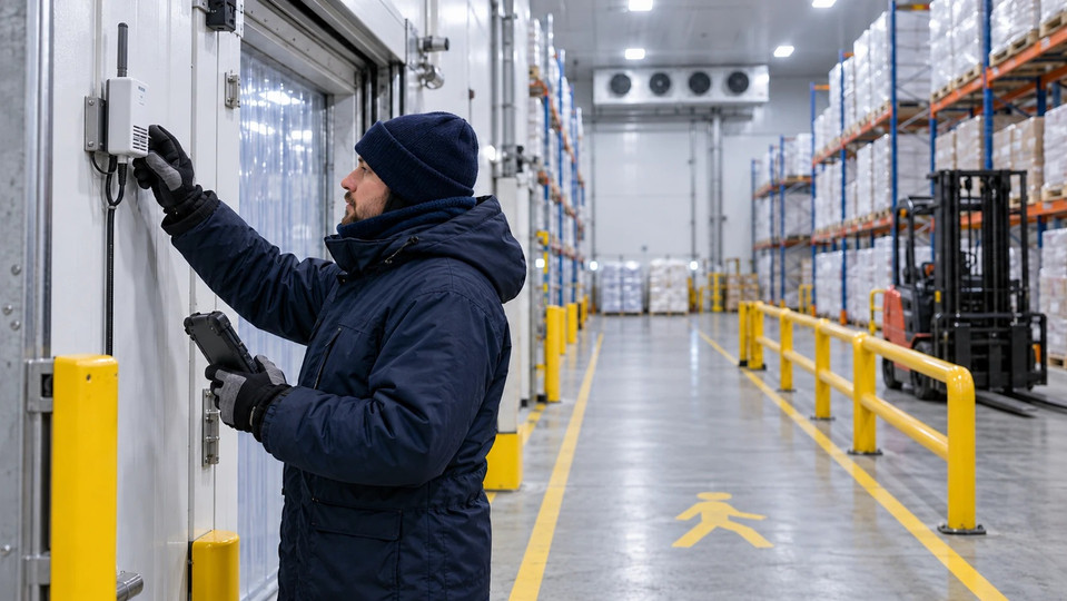 Worker in insulated clothing checking a cold-storage sensor beside a protected pedestrian walkway.