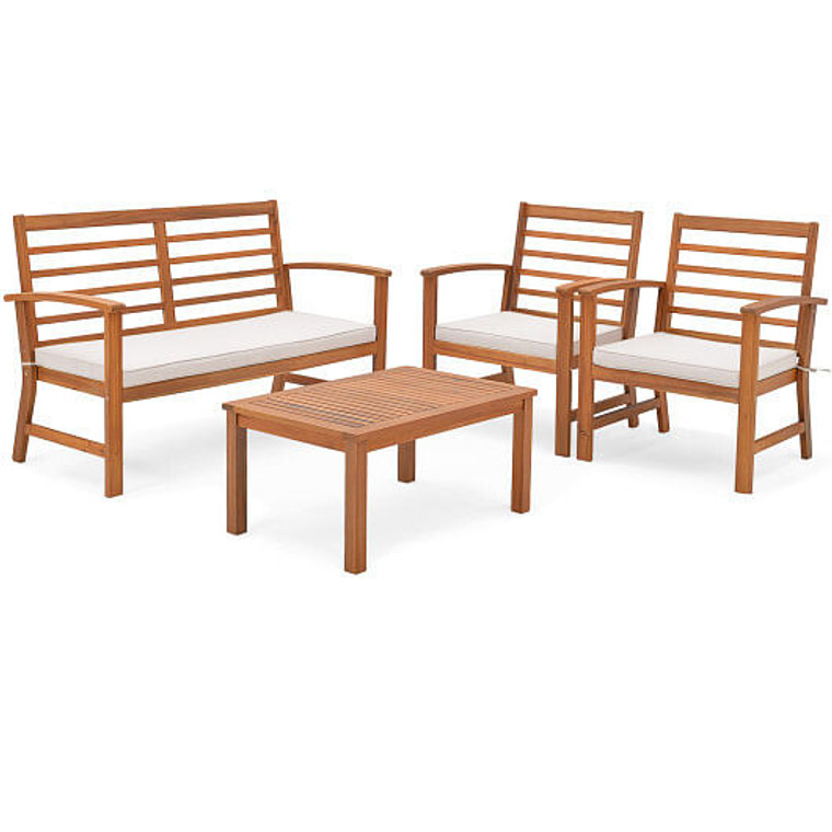 4 Pieces Outdoor Furniture Set with Stable Acacia Wood Frame-Beige - Color: Beige D681-HW72078WH