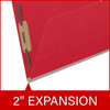 Red letter size end tab classification folder with 2" gray tyvek expansion and 2" bonded fasteners on inside front and inside back. 18 pt. paper stock. Packaged 25/125.