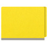 Yellow letter size end tab classification folder with 2" gray tyvek expansion and 2" bonded fasteners on inside front and inside back. 18 pt. paper stock. Packaged 25/125.