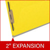 Yellow letter size end tab classification folder with 2" gray tyvek expansion and 2" bonded fasteners on inside front and inside back. 18 pt. paper stock. Packaged 25/125.