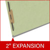 Peridot green letter size end tab classification folder with 2" dark green tyvek expansion and 2" bonded fasteners on inside front and inside back. 25 pt type 3 pressboard stock. Packaged 25/125.