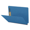 Royal blue letter size end tab classification folder with 2" dark blue tyvek expansion and 2" bonded fasteners on inside front and inside back. 25 pt type 3 pressboard stock. Packaged 25/125