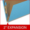 Blue letter size end tab classification folder with 2" gray tyvek expansion, with 2" bonded fasteners on inside front and inside back and 1" duo fastener on dividers. 18 pt. paper stock and 17 pt brown kraft dividers. Packaged 10/50.