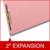 Pink legal size end tab classification folder with 2" gray tyvek expansion and 2" bonded fasteners on inside front and inside back. 18 pt. paper stock. Packaged 25/125.
