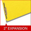 Yellow legal size end tab classification folder with 2" gray tyvek expansion and 2" bonded fasteners on inside front and inside back. 18 pt. paper stock. Packaged 25/125.