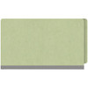 Peridot green legal size end tab classification folder with 2" dark green tyvek expansion and 2" bonded fasteners on inside front and inside back. 25 pt type 3 pressboard stock. Packaged 25/125.