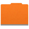 Orange letter size top tab classification folder with 2" gray tyvek expansion, with 2" bonded fasteners on inside front and inside back and 1" duo fastener on divider. 18 pt. paper stock and 17 pt brown kraft dividers. Packaged 10/50.