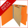 Orange letter size top tab classification folder with 2" gray tyvek expansion, with 2" bonded fasteners on inside front and inside back and 1" duo fastener on divider. 18 pt. paper stock and 17 pt brown kraft dividers. Packaged 10/50.