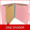 Pink letter size top tab classification folder with 2" gray tyvek expansion, with 2" bonded fasteners on inside front and inside back and 1" duo fastener on divider. 18 pt. paper stock and 17 pt brown kraft dividers. Packaged 10/50.
