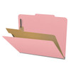 Pink letter size top tab classification folder with 2" gray tyvek expansion, with 2" bonded fasteners on inside front and inside back and 1" duo fastener on divider. 18 pt. paper stock and 17 pt brown kraft dividers. Packaged 10/50.