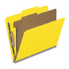 Yellow letter size top tab classification folder with 2" gray tyvek expansion, with 2" bonded fasteners on inside front and inside back and 1" duo fastener on divider. 18 pt. paper stock and 17 pt brown kraft dividers. Packaged 10/50.