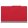 Red legal size top tab classification folder with 2" gray tyvek expansion, with 2" bonded fasteners on inside front and inside back and 1" duo fastener on divider. 18 pt. paper stock and 17 pt brown kraft dividers. Packaged 10/50.