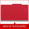 Red legal size top tab classification folder with 2" gray tyvek expansion, with 2" bonded fasteners on inside front and inside back and 1" duo fastener on divider. 18 pt. paper stock and 17 pt brown kraft dividers, 10/Box