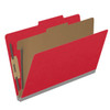 Red legal size top tab classification folder with 2" gray tyvek expansion, with 2" bonded fasteners on inside front and inside back and 1" duo fastener on divider. 18 pt. paper stock and 17 pt brown kraft dividers. Packaged 10/50.