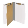 White legal size top tab classification folder with 2" gray tyvek expansion, with 2" bonded fasteners on inside front and inside back and 1" duo fastener on divider. 18 pt. paper stock and 17 pt brown kraft dividers. Packaged 10/50.