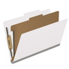 White legal size top tab classification folder with 2" gray tyvek expansion, with 2" bonded fasteners on inside front and inside back and 1" duo fastener on divider. 18 pt. paper stock and 17 pt brown kraft dividers, 10/Box