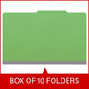 Green legal size top tab classification folder with 2" gray tyvek expansion, with 2" bonded fasteners on inside front and inside back and 1" duo fastener on dividers. 18 pt. paper stock and 17 pt brown kraft dividers. Packaged 10/50.