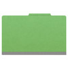 Green legal size top tab classification folder with 2" gray tyvek expansion, with 2" bonded fasteners on inside front and inside back and 1" duo fastener on dividers. 18 pt. paper stock and 17 pt brown kraft dividers. Packaged 10/50.