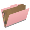 Pink legal size top tab classification folder with 2" gray tyvek expansion, with 2" bonded fasteners on inside front and inside back and 1" duo fastener on dividers. 18 pt. paper stock and 17 pt brown kraft dividers. Packaged 10/50.