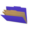 Purple legal size top tab classification folder with 2" gray tyvek expansion, with 2" bonded fasteners on inside front and inside back and 1" duo fastener on dividers. 18 pt. paper stock and 17 pt brown kraft dividers. Packaged 10/50.
