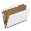 White legal size top tab classification folder with 2" gray tyvek expansion, with 2" bonded fasteners on inside front and inside back and 1" duo fastener on dividers. 18 pt. paper stock and 17 pt brown kraft dividers. Packaged 10/50.