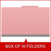 Pink legal size top tab classification folder with 3" gray tyvek expansion, with 2" bonded fasteners on inside front and inside back and 1" duo fastener on dividers. 18 pt. paper stock and 17 pt brown kraft dividers, 10/Box