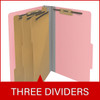 Pink legal size top tab classification folder with 3" gray tyvek expansion, with 2" bonded fasteners on inside front and inside back and 1" duo fastener on dividers. 18 pt. paper stock and 17 pt brown kraft dividers. Packaged 10/50.