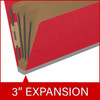 Red legal size top tab classification folder with 3" gray tyvek expansion, with 2" bonded fasteners on inside front and inside back and 1" duo fastener on dividers. 18 pt. paper stock and 17 pt brown kraft dividers. Packaged 10/50.