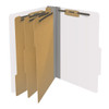 White legal size top tab classification folder with 3" gray tyvek expansion, with 2" bonded fasteners on inside front and inside back and 1" duo fastener on dividers. 18 pt. paper stock and 17 pt brown kraft dividers. Packaged 10/50.
