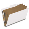White legal size top tab classification folder with 3" gray tyvek expansion, with 2" bonded fasteners on inside front and inside back and 1" duo fastener on dividers. 18 pt. paper stock and 17 pt brown kraft dividers, 10/Box
