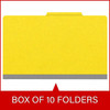 Yellow legal size top tab classification folder with 3" gray tyvek expansion, with 2" bonded fasteners on inside front and inside back and 1" duo fastener on dividers. 18 pt. paper stock and 17 pt brown kraft dividers. Packaged 10/50.