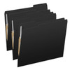 Black letter size top tab single ply folders with 1/3 cut assorted tabs and 2" bonded fastener on inside front and inside back. 11 pt black stock. Packaged 50/250
