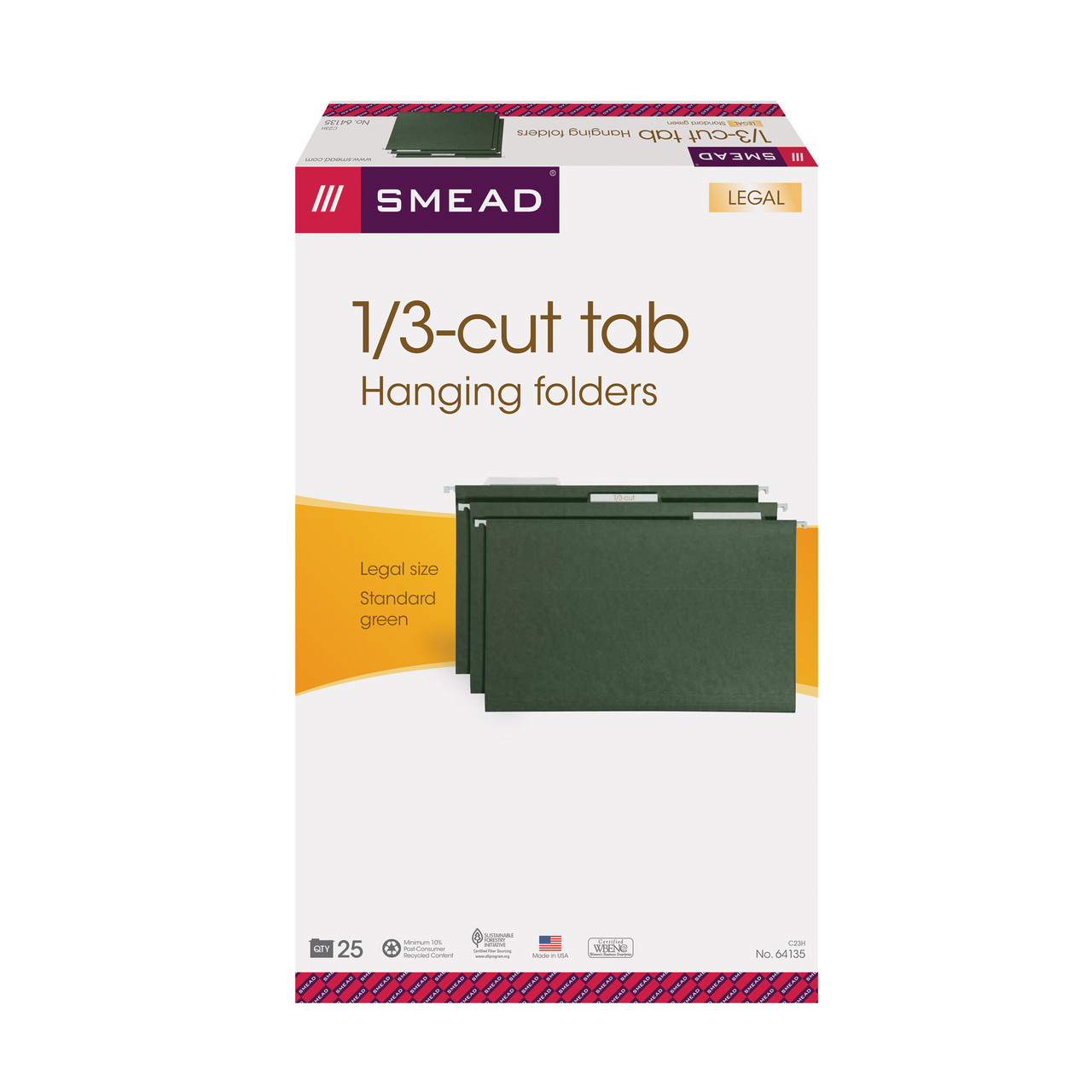 64135 Legal Size 1/3-Cut Adjustable Tab Standard Green Smead Hanging File Folder with Tab 25 per Box 