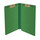 Moss green legal size end tab classification folder with 2" dark green tyvek expansion and 2" bonded fasteners on inside front and inside back. 25 pt type 3 pressboard stock. Packaged 25/125