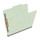 Pale green letter size top tab classification folder with 2" gray tyvek expansion and 2" bonded fasteners on inside front and inside back. 25 pt type 3 pressboard stock. Packaged 25/125.