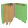 Green letter size top tab classification folder with 3" gray tyvek expansion, with 2" bonded fasteners on inside front and inside back and 1" duo fastener on dividers. 18 pt. paper stock and 17 pt brown kraft dividers. Packaged 10/50.