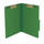 Moss green legal size top tab classification folder with 2" dark green tyvek expansion and 2" bonded fasteners on inside front and inside back. 25 pt type 3 pressboard stock. Packaged 25/125.