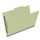 Peridot green legal size top tab classification folder with 2" dark green tyvek expansion and 2" bonded fasteners on inside front and inside back. 25 pt type 3 pressboard stock. Packaged 25/125.