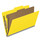 Yellow legal size top tab classification folder with 2" gray tyvek expansion, with 2" bonded fasteners on inside front and inside back and 1" duo fastener on divider. 18 pt. paper stock and 17 pt brown kraft dividers. Packaged 10/50.